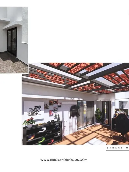 We love turning functional elements into works of art. For this terrace, we proposed a unique pergola design that incorporates terracotta jali panels, creating beautiful patterns of light and shadow that shift throughout the day. This before-and-after concept shows how we transform a simple shade structure into a defining feature of the space.