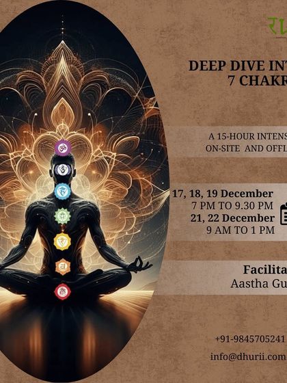 This is an invitation to my 15-hour intensive certification course, a deep dive into the seven chakras. This poster outlines the comprehensive curriculum, covering everything from metaphysical interpretation and beej mantras to chakra readings with a pendulum.