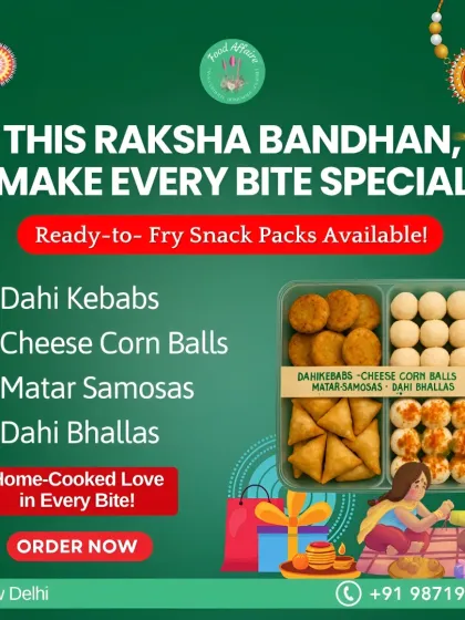 Make your celebrations easier with my ready-to-fry snack packs. This Raksha Bandhan special box includes Dahi Kebabs, Cheese Corn Balls, Matar Samosas, and Dahi Bhallas, all ready to be fried and served fresh for your guests.