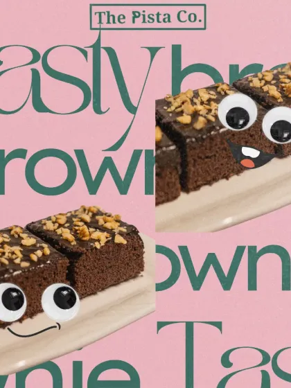 Our Tasty Brownies are soft, gooey, and absolutely perfect. This fun graphic showcases three slices of our rich chocolate brownie, topped with chopped nuts for a delightful crunch, ready to satisfy your dessert cravings.