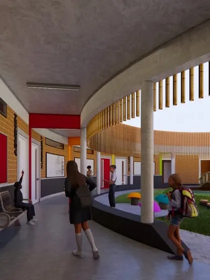 The kindergarten corridor, with its bright colors and open views of the courtyard.