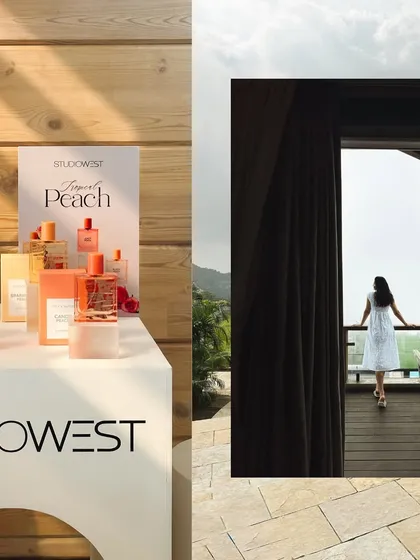 The beautiful product display for Studiowest fragrances against the backdrop of the Kamshet landscape.