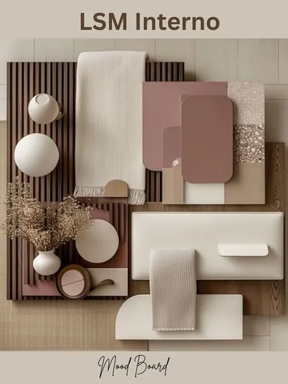 Creating harmonious vibes with a carefully curated mood board. This palette features a balanced mix of textures and earthy tones, including fluted panels and soft fabrics, ideal for a cozy and elegant interior.