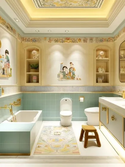 A whimsical and charming bathroom I designed for a family with young children. The soft color palette, playful wall decals, and gold fixtures make it a fun and stylish space for kids.