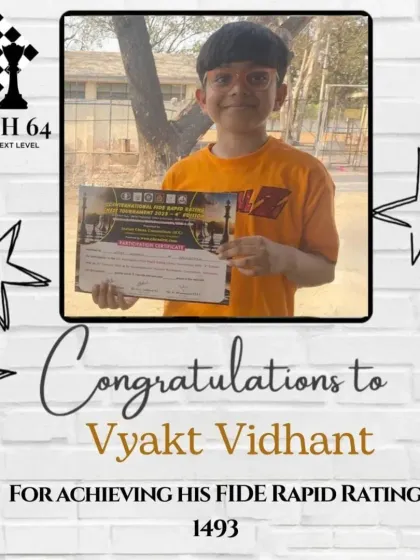 Well done to our student Vyakt Vidhant on achieving his FIDE Rapid rating of 1493. We are proud of his dedication and the guidance provided by his coach, Ojas Kulkarni.