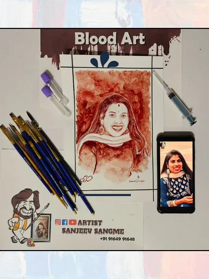 This image shows the complete setup for a blood art creation. The reference photo, the sterile blood vials, the brushes, and the final artwork all come together to tell a client's story.