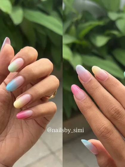 A collage showing off the pretty and colorful vibe of these multi-color ombré nails.