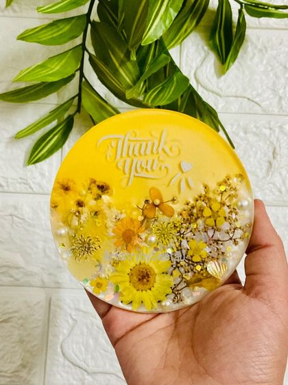 The sunny yellow version of my floral "Thank You" magnet, filled with real preserved yellow flowers.