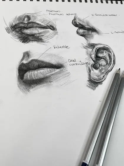 The sketchbook page with my graphite studies, shown with the pencils used to create them.