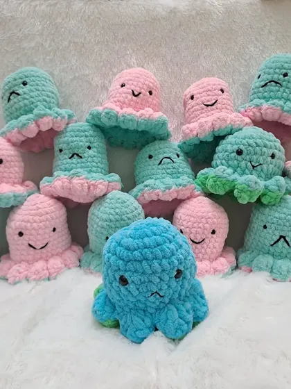 My reversible octopus plushies are a fun way to express emotions. They have a happy face on one side and a sad or angry face on the other.