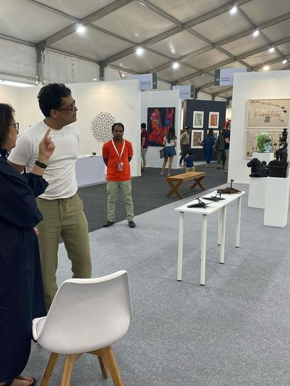 Artist Jitish Kallat in conversation with our director, Premilla Baid, at Art Mumbai. These interactions are vital, fostering a sense of community and dialogue among India's leading artistic figures.