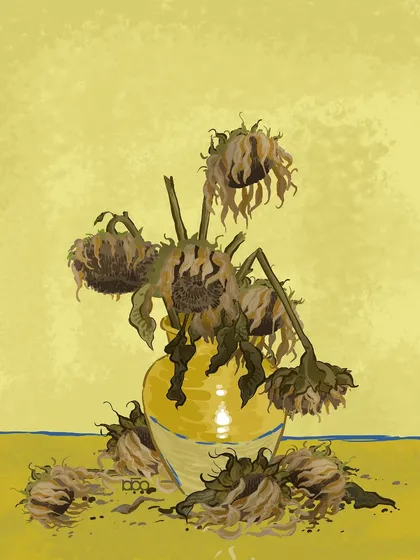 A still life that speaks of the casualties of war. This is my version of "Sunflowers," but here they are withered and dying, a stark and somber symbol of how conflict destroys not just lives, but also beauty and memory.