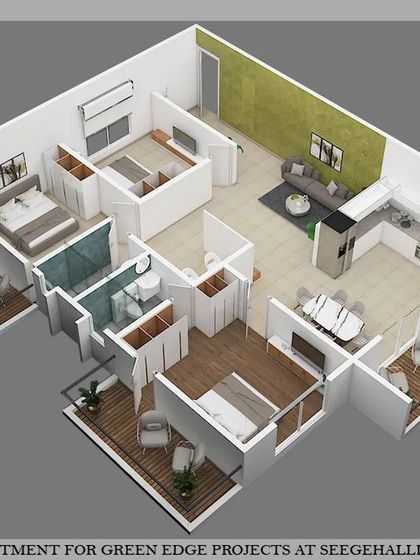 A 3D floor plan for another 3BHK layout. This design features a distinct living and dining space, a modern kitchen, and three well-appointed bedrooms, each with access to natural light and ventilation.