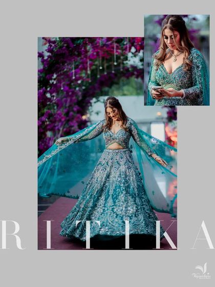 A stunning portrait of the bride in her teal lehenga, the collage highlighting her getting ready and the final look.