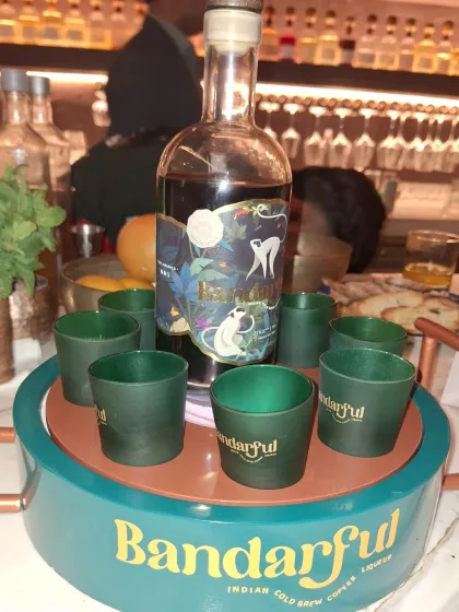 A serving tray for Bandarful, an Indian cold brew coffee liqueur that was also featured during the bar takeover.