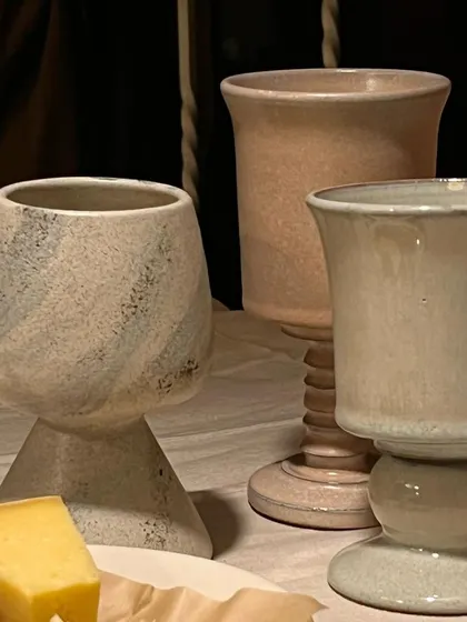 Three of the different goblet designs from our collaboration, each with its own unique personality and inspired by the rich cultural tapestry of our surroundings.