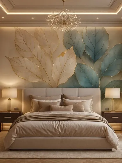 This bedroom features a serene, nature-themed 3D wallpaper with large, overlapping leaves in muted green and beige tones. The design creates a peaceful and relaxing ambiance, perfect for a restful space.