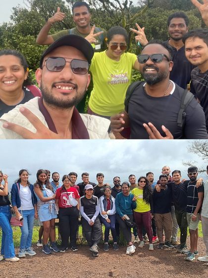 A collage of selfies and group photos from the Kodachadri trek, capturing the fun and camaraderie among the trekkers.
