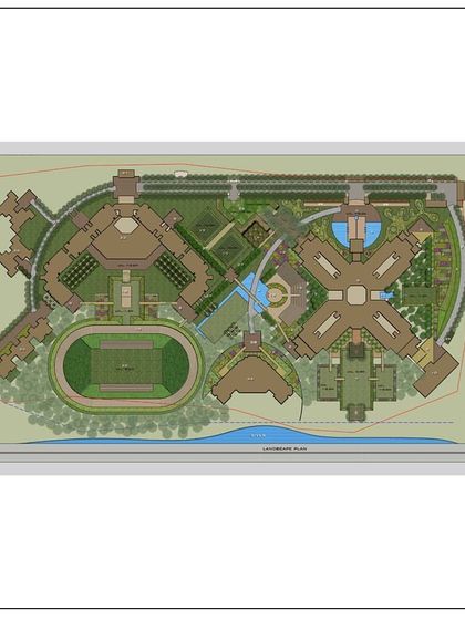 The landscape and site plan for a large school project. This drawing shows our meticulous planning for educational buildings, sports facilities, and green spaces to create a holistic learning campus.