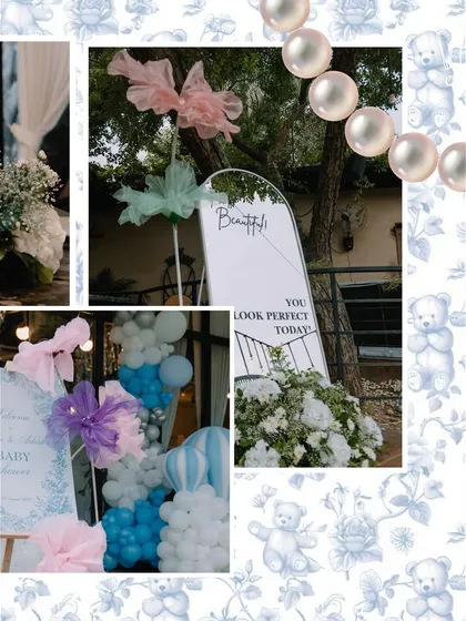 This collage highlights the decorative details, including the welcome sign, mirrored sign, and artistic paper flowers that define the luxurious Dior-inspired theme.