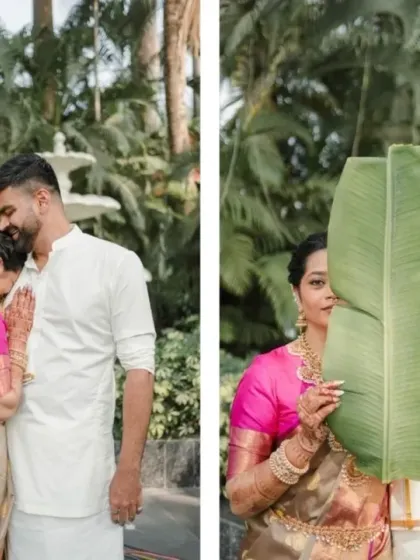 A creative diptych from a South Indian themed Haldi. One side shows a tender embrace, while the other is a playful shot using a banana leaf, showcasing the couple's versatility.