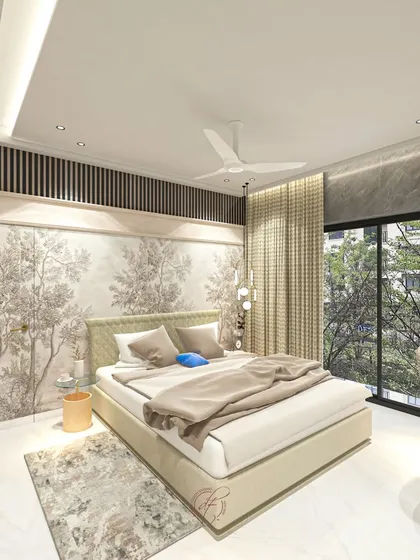 This view from the side of the bed showcases the elegant curtains and the cozy study nook, demonstrating how we can incorporate functional spaces into a serene bedroom design.
