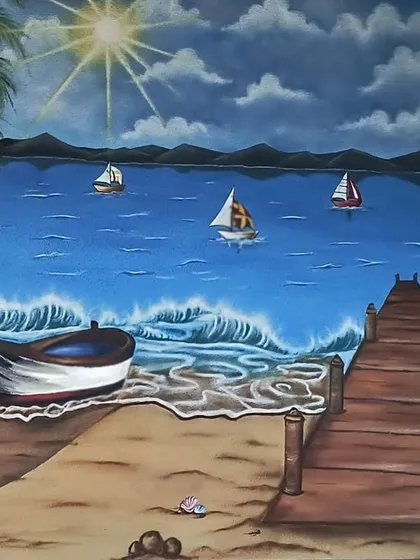 The full beach landscape painting, bringing a sense of peace and tranquility to the space.