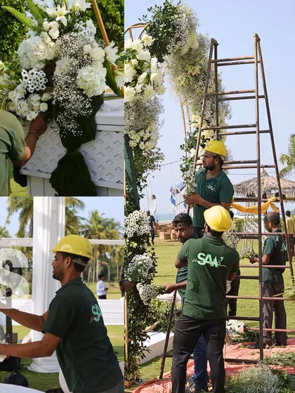 The grandest visions are brought to life by the hands of our dedicated team. This collage shows our crew meticulously crafting and installing a large-scale floral arch for a beachside wedding, highlighting the precision and teamwork that underpins every spectacular event we produce.