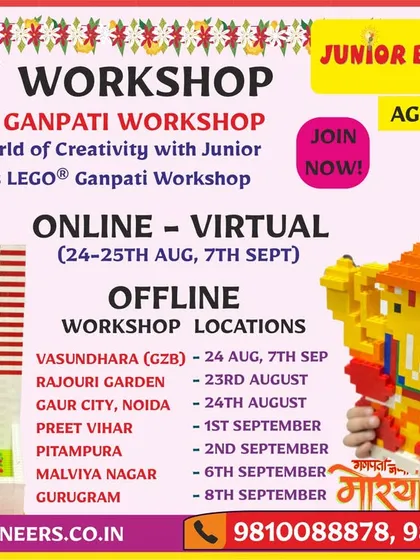 A detailed advertisement explaining the benefits of our LEGO Ganpati workshop, including information on materials for online and offline sessions and the certificate of achievement.
