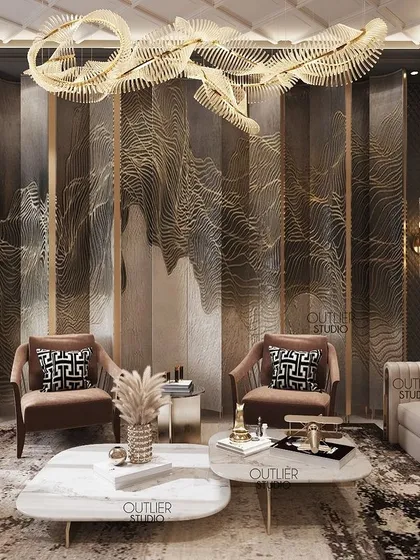 This contemporary living room is dramatic and personalized. We created a well-lit space with neutral tones, sleek surfaces, and cutting-edge art, including a stunning wall panel with intricate gold line work.