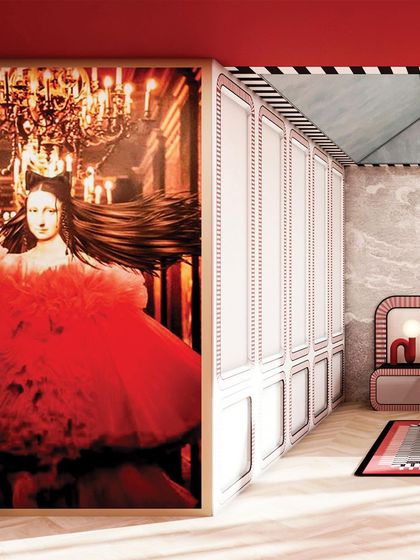 A close-up of the dramatic artwork, which adds a sense of movement and passion to the room.