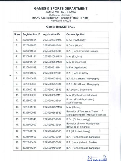 The provisional selection list for Basketball for the 2025-26 session. This demonstrates the opportunities available across different sports and academic disciplines like Psychology, Applied Art, and Korean Language.