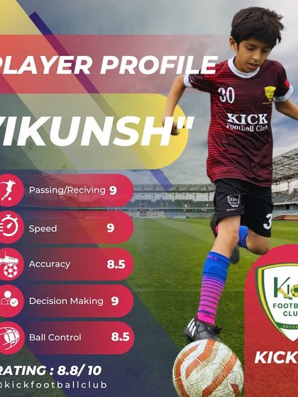 Vikunsh's player profile highlights his top tier speed, passing, and decision making, with an overall rating of 8.8 out of 10.