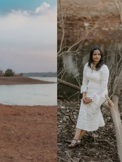 A split image showing the vast, serene landscape of a lakeside location on one side, and a portrait of the bride-to-be on the other.