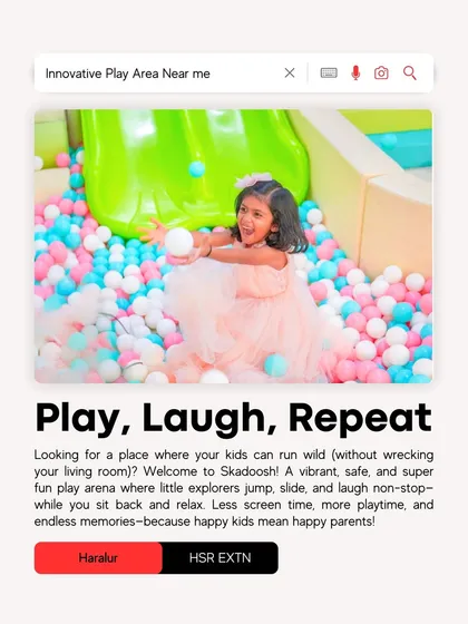 Play, laugh, repeat. A happy girl enjoying our massive ball pit, one of the best places in Skadoosh to just let loose and have fun.