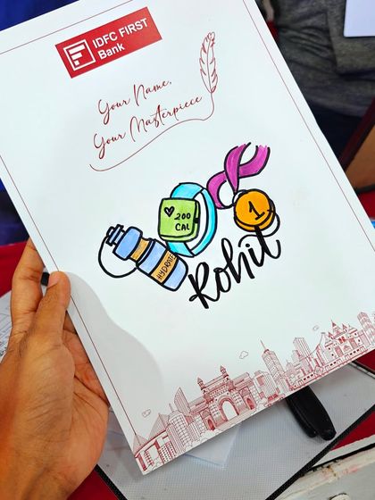 This artwork was for a runner, so I included a water bottle, a fitness watch, and a medal along with his name, "Rohit."