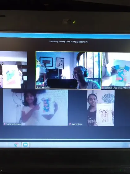 Our online art classes are just as interactive and engaging as our in-person sessions. Here is a screenshot from a Google Meet class where students are sharing their progress on their latest creative drawings.
