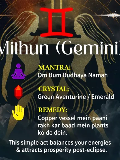 For Mithun (Gemini) rashi, I suggest a mantra, Green Aventurine crystal, and a simple remedy of offering water kept in a copper vessel to plants to balance energies after the lunar eclipse.