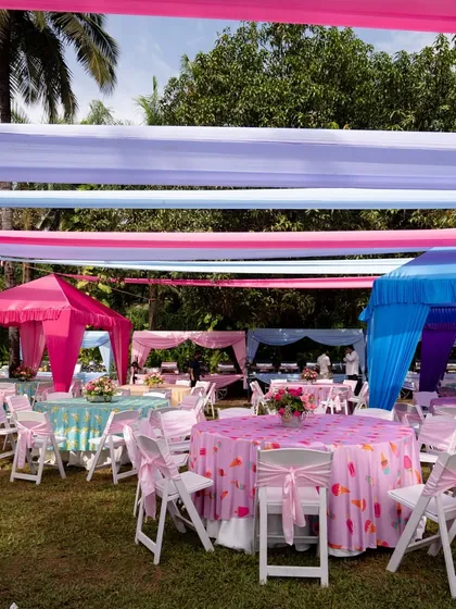 A fun, outdoor carnival-style dining setup with colorful tents and printed tablecloths, perfect for a relaxed daytime event.