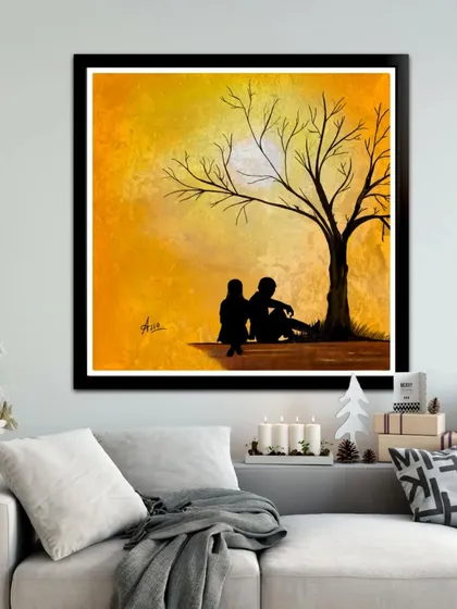 The sunset silhouette with a textured, painterly background.