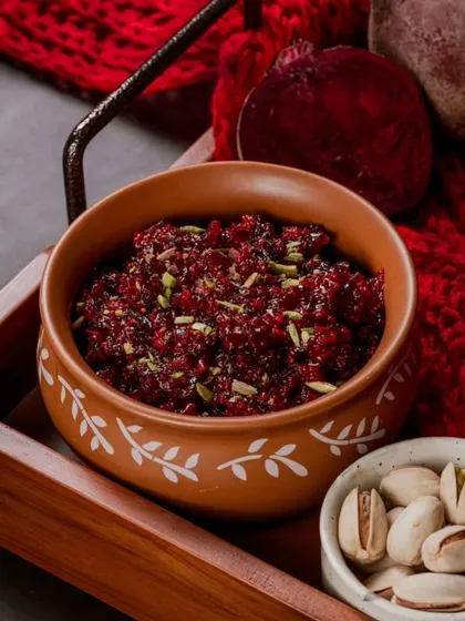 Our signature Beetroot ka Halwa, a vibrant and healthy dessert that proves even beets can be transformed into a royal sweet treat.