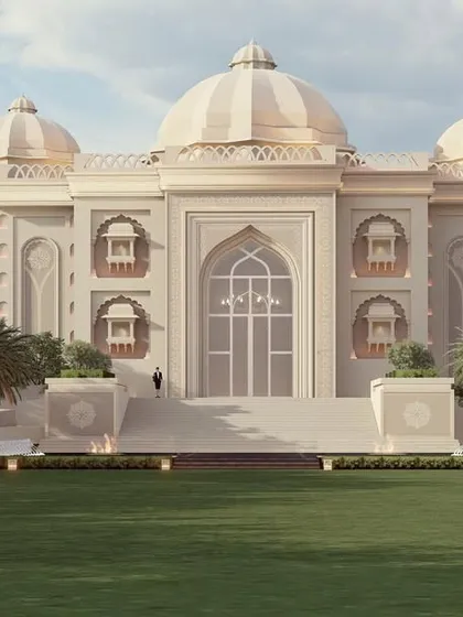 This architectural render showcases a lavish banquet hall I designed in Punjab, embodying the grandeur of Indian classical heritage. The symmetrical facade, with its majestic domes and ornate jharokhas, is designed to create a palatial sense of arrival for any grand event.