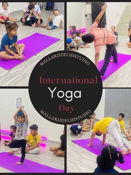 A collage of our little yogis in action. We teach them poses like the tree pose for balance and downward dog for a full-body stretch, making fitness an enjoyable part of their routine.