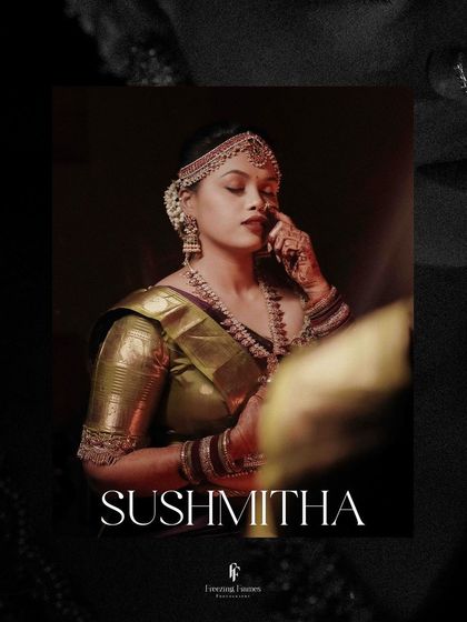 A powerful portrait of the bride, titled "Sushmitha," with dramatic lighting.