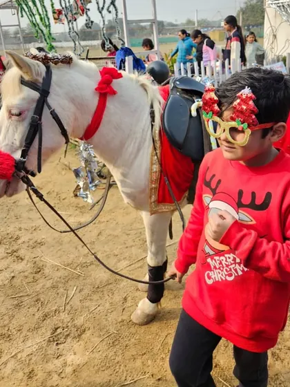 A young boy in festive glasses stands with his pony, both ready for our Christmas celebration.