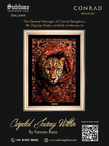 The invitation for Fannan Raza's solo showcase at Conrad Bengaluru. This striking image of a leopard woven into a carpet design was a powerful promotional tool for the event.