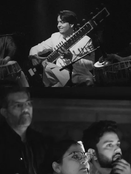 A black and white photo capturing the 'Mehtab Ali Niazi experience' at the Piano Man Jazz Club, showing the musicians on stage and the captivated audience below.
