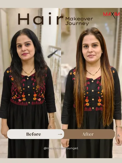 This makeover journey involved both a color refresh and the addition of long, straight extensions. The result is a brighter, longer, and more vibrant style that enhances her features.