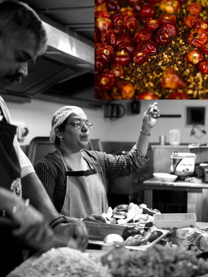 A black and white shot of one of the powerhouse chefs from The Bangala who collaborated with us, alongside a close-up of the vibrant red chilies used in Chettinad cuisine.