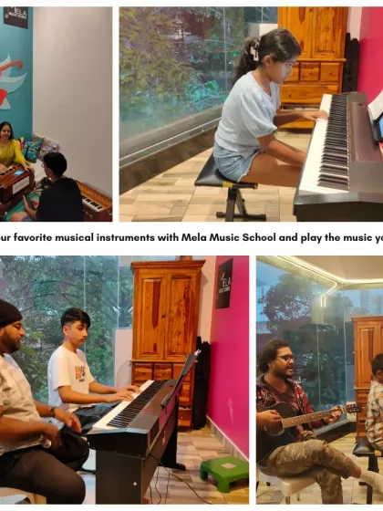 My studio is a place to explore all kinds of music. This collage shows students in their one on one lessons, learning everything from Indian classical on the harmonium to contemporary piano and guitar.